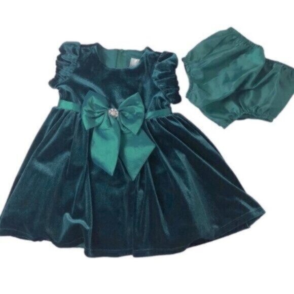 Rare Editions Baby Girl Green Velveteen Fancy Dressy Party Dress 18 Months - Picture 3 of 5